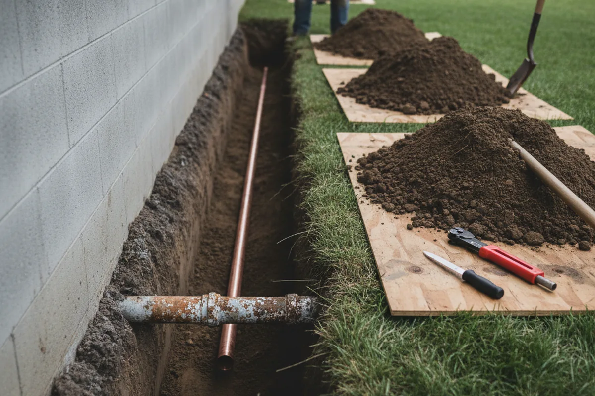 Excavated water line trench during Sewer Line Repair in Muncie